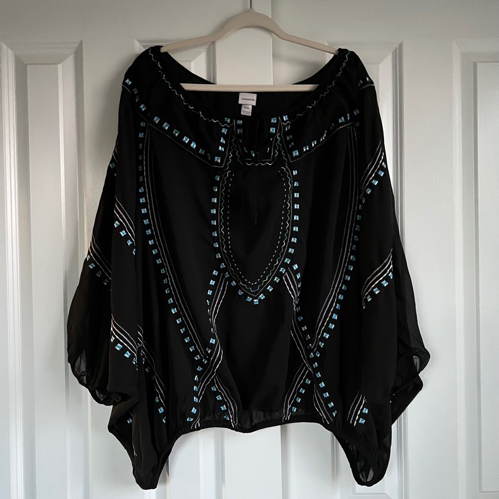 Venezia Black Embroidered Kimono Sleeve Artsy Western Boho Blouse NWT Size 18/20